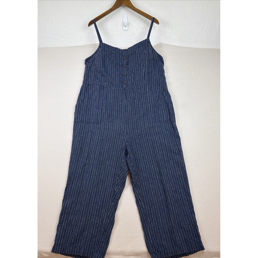 Old Navy Button Front Detail Linen Blend Striped Jumpsuit XXL Navy Coastal Beach